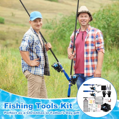 51 Pcs Fishing Rods Combo 6.89ft Telescopic Freshwater Pole Set with Plier Lip Gripper Lures Carrier Bag Pre Loaded Spinning Reel with Freshwater Rod Reel Kit Father Men Gift - color: Blue