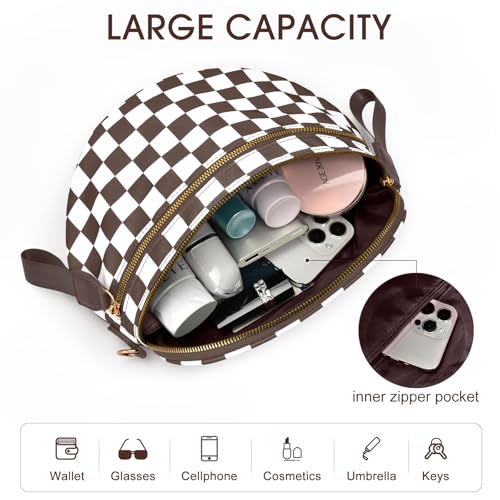 Checkered Nylon Crossbody Bag Bum Bag for Women Mom Large Checkered Fanny Packs with Adjustable Strap - color: Brown Checkered
