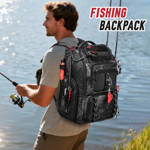 Fishing Tackle Backpack,Tackle Bag with 2 Rod Holders & 4 Tackle Boxes, Water-Resistant Large Storage Fishing Gear and Equipment, Fisher Gifts for Men, Black Camo - color: B-Black Camo with 4 Tackle Boxes