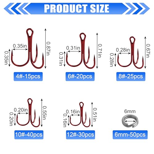 Fishing Treble Hooks Kit, Sharp Replacement Treble Hooks for Lures Baits, High Carbon Steel Fishing Hooks with Stainless Steel Split Rings Set for Bass Trout Walleye Pike - color: Red_180pcs
