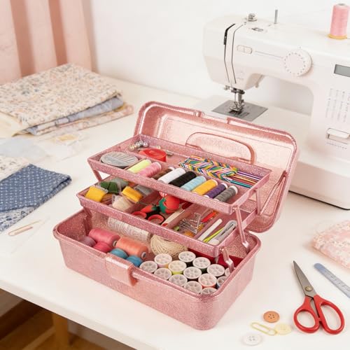 Glitter Pink 3 Layer Craft Storage Box, Pink Tackle Box Organizer for craft tool, Cosmetic Organizer for girls - color: Hot Blush