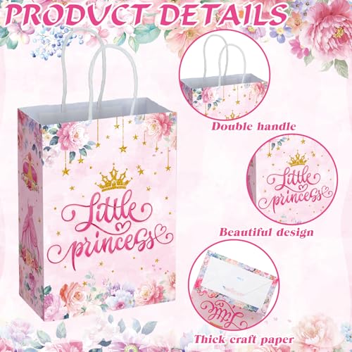 Kosiz 24 Pcs Princess Party Favors Bags Paper Little Princess Gift Goodie Bags with Handles Pink Floral Castle Crown Carriage Candy Treat Pouch for Girls Birthday Baby Shower Party Decoration Supplies - style: Princess