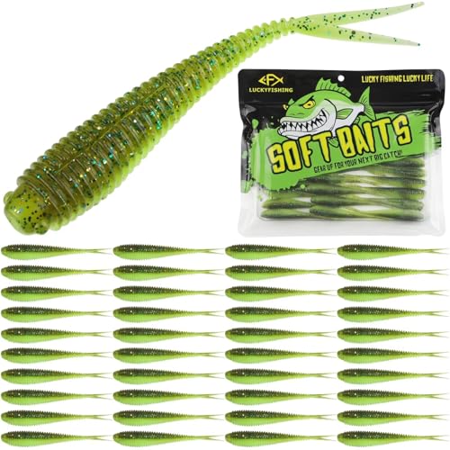 LUCKYFISHING Soft Plastic Baits 20PCS/30PCS/40PCS Forked Tail Fishing Soft Bait for Bass Walleye Trout Crappie Lures 3in/3.5in/4in - color: Green Flash, size: 3in-40pcs