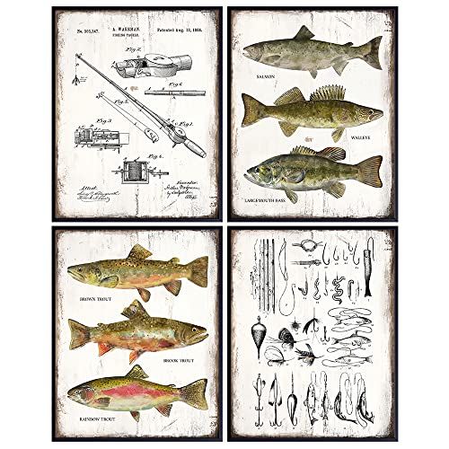 LARGE 11x14 - Fishing Accessories Gifts - Rod, Reel, Lures Patent Print Set - Lake Mountain House Decor for the Home - Rustic Bass, Trout, Freshwater Fish Wall Art - Room Decoration Poster - Fishermen - size: 11x14 inches