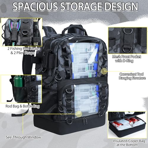 Fishing Tackle Backpack with 4 Tackle Boxes,45L Large Tackle Bag with 2 Rod Holders & Clear Window,Outdoor Fishing Backpack for Fishing,Camping,Hiking,Camouflage - color: Camouflage Black(with 4 Tackle Boxes)