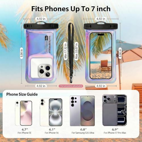 Floatable Waterproof Phone Pouch Case for iPhone 17 16 Pro Max/15/14, IP68 Travel Cellphone Dry Bag Beach Cruise Ship Essentials Bags with Crossbody Lanyard, Iridescent Purple with Word - 7″ - color: A6-Iridescent Purple with character