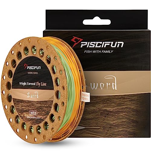 Piscifun Sword Fly Fishing Line with Welded Loop, Weight Forward Floating Fly Line, Available in WF1, WF2, WF3, WF4, WF5, WF6, WF7, WF8, WF9, and WF10 Weights, in Lengths of 90 and 100 Feet - color: Yellow & Moss Green, size: WF-5F 100FT