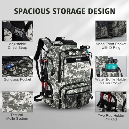 Goture Fishing Backpack,900D Water-Resistant Tackle Backpack with Rod Holders, SBS Zippers,45L Large Fishing Bag Storage Gear Tackle Bag with Rain Cover, Bottle Holder for Travel Camping Hiking - color: A1:72# Camo(Only Bag), size: Without Tackle Boxes