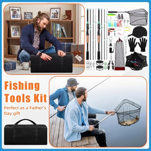 60 Pcs Father's Day Fishing Rod and Line Combo Detachable Fishing Pole Kit Without Reel, Plier Lip Gripper, Fish Lure Hook Accessories, Carrier Bag for Beginner Men Travel Saltwater Freshwater