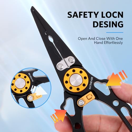 Fishing Pliers Saltwater, Split Ring Pliers Hook Remover with Safety Lock, Fishing Tools with Sheath and Lanyard, Fishing Gifts for Men - color: Black