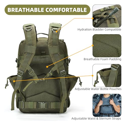 gracedon Tactical Backpack - Military Molle Bag 3 Days Pack for men and Women Large Assault Rucksack 45L (Green) - color: Green