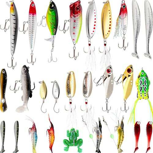 27Pcs Fishing Lures Kit, Hard and Soft Bait Set for Bass Trout Pike, Deep Diving Crankbaits with Premium Gift Box, Freshwater and Saltwater Fishing Tackle Gear for Men Dad Husband