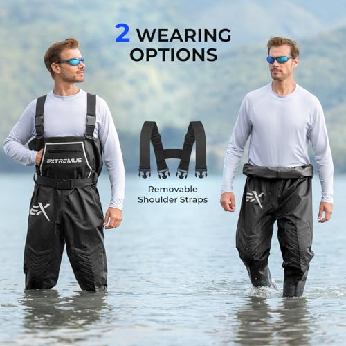 Extremus MarshPro Fishing Waders for Men, 100% Waterproof PVC Chest Waders with Slip-Resistant Boots - color: Black, size: 5