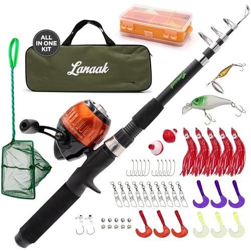 Lanaak Kids Fishing Pole, Kids Portable Telescopic Fishing Rod Set, Tackle Box and Fishing Net Combo Kit, Kids Fishing Gear for Boys and Girls Age 5-10 and Youth - color: Black Rod, size: 1.5m or 4.9 FT