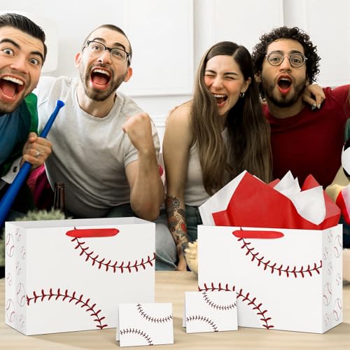Hooqict Baseball Gift Bag Baseball Birthday Party Gift Wrapping Bag with Handles, Tissue Paper, Greeting Card for Kids Boys Men Sport Themed Birthday Party Favors Supplies - color: White Baseball