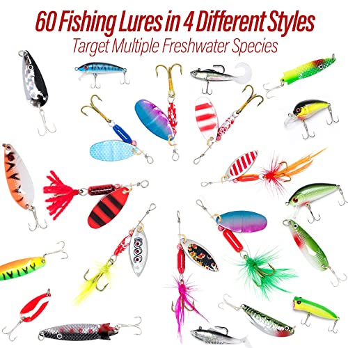Dr.Fish Fishing Tackle Bag 5 Boxes with 60 Lures Included Loaded Stocked Tackle Box Set Spinner Lures Kit Freshwater Gear Equipment - color: Camo Bag, 11.4*4.9*7.9’'