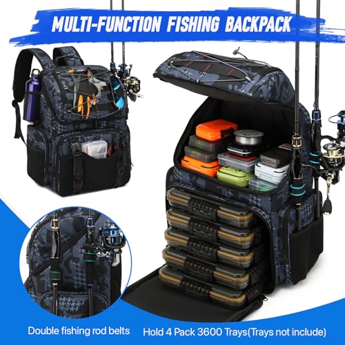RUCYEN Fishing Backpack, 45L Large Cooler Fishing Tackle bag with Rod Holders & Rain Cover, Water-resistant Store Fishing Gear - color: Black Camo