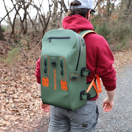 YakAttack 28L DryPak Waterproof Backpack with 2 Attachable Fishing Rod Holders – Green/Orange | Floating Marine Dry Bag Pack with Padded Straps | Lightweight Hiking & Kayaking Gear & Storage Drybag - color: Green/Orange, style: Drypak With Tether Tubes
