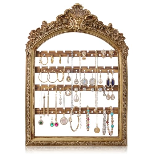 1 Pcs 13 x 9.3'' Wall Hanging Earring Holder Organizers Vintage Arched Frame 4 Layer Wall Mounted Jewelry Holder Decorative Retro Baroque Stud Earring Display (Gold) - color: Gold, size: 13 x 9.3''