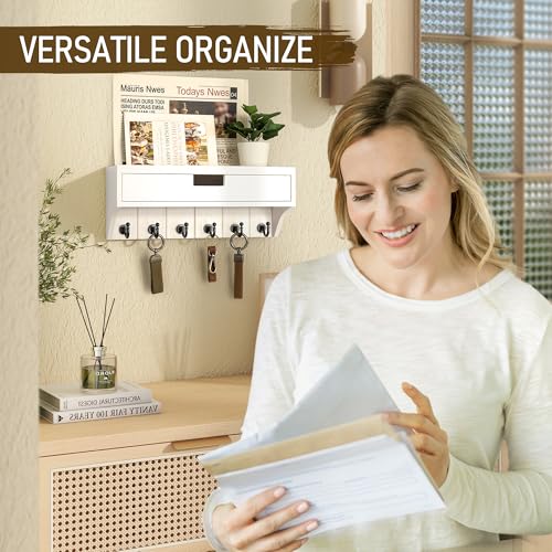 Rebee Vision Decorative Pine Wood Key Holder Wall Mount with Drawer Organizer - Mail Organizer with 6 Key Hooks - Stylish Wall Shelf for Apartment Essentials (Modern White) - color: White, style: 1-Drawer