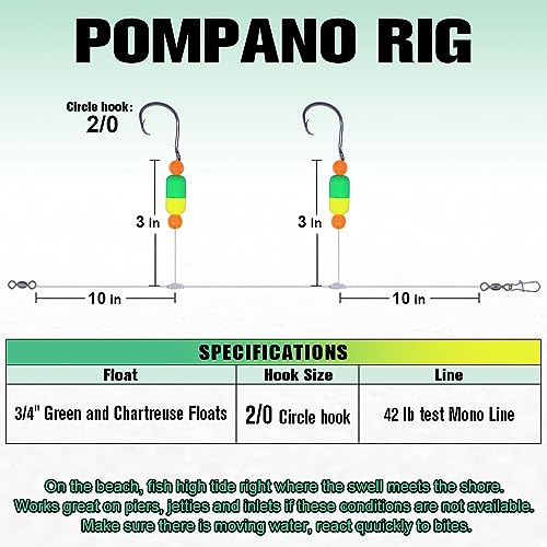Pompano-Rigs-for-Surf-Fishing-Saltwater-Gear with Double Circle & Wide Gap Hook-6-Pack Surf Fishing Tackle - color: Green and Chartreuse 6-Pack, size: 2/0 Circle Hook
