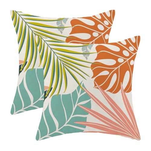 Summer Tropical Leaves Pillow Covers 16x16 Set of 2, Abstract Palm Leaf Outdoor Decorative Throw Pillows Geometric Cushion Case for Home Couch Sofa Decor - color: Summer Tropical Leaves, size: 16" x 16" (Pack of 1)