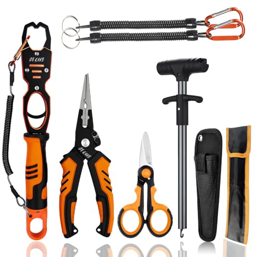 Selake 7 PCS Complete Fishing Tools Set, Fish Lip Gripper with Scale, Fishing Pliers, Hook Remover, Line Cutter & Scissors, Corrosion Resistant for Saltwater Freshwater Kayak Ice Fishing - color: Orange
