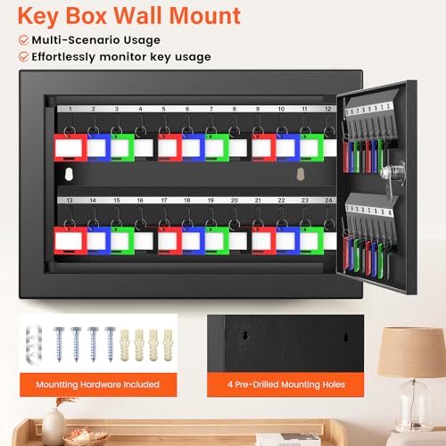 Nebakne 40 Keys Key Cabinet, Anti-Theft Key Lock Box with Key Tags, Adjustable Key Organizer Wall Safe for Office House Rental Business - color: Black, size: 11.61 inches x 7.87 inches x 3.94 inches