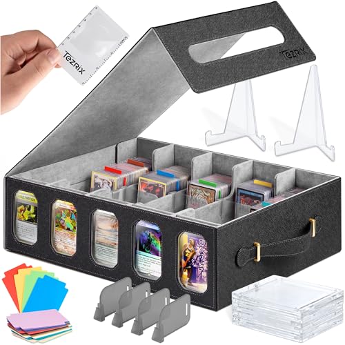 5-row Trading Card Storage Box with Display Windows | Magnifier Ruler, 2 Display Stands, 7 Cardholders & 24 Category Tabs Included | 3900+ Card Case with Magnetic Closure, Black Gray Card Box - color: Black, Gray (5 Row)
