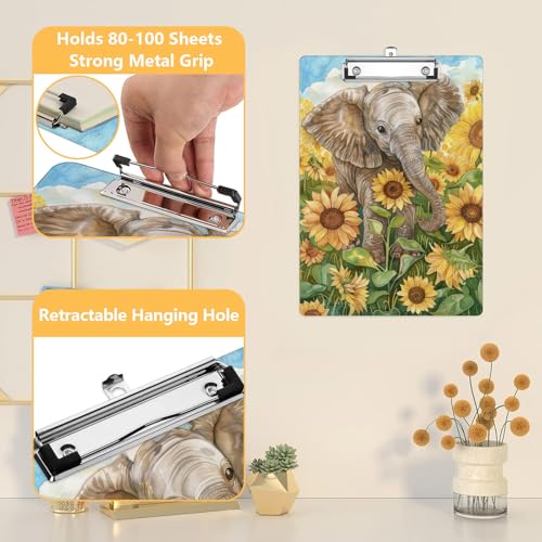 Cute Elephant Sunflower Clipboard, Floral Decorative Clip Board with Metal Clip Cute Plastic Clipboards A4 Standard Size 8.5" x 12.5" for Nurses, Students, Office - color: Elephant