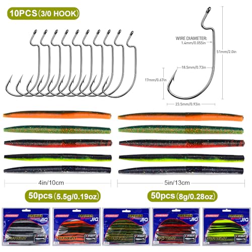 Soft Plastic Worm Bass Fishing Lures, 4"/5" 50/100pcs Plastic Fishing Lure Wacky Worm Rig + 10pcs Grub Baits Hook, Soft Worms Lure Set for Bass (110 Pack) - color: 058-110PCS-4/5 Inch