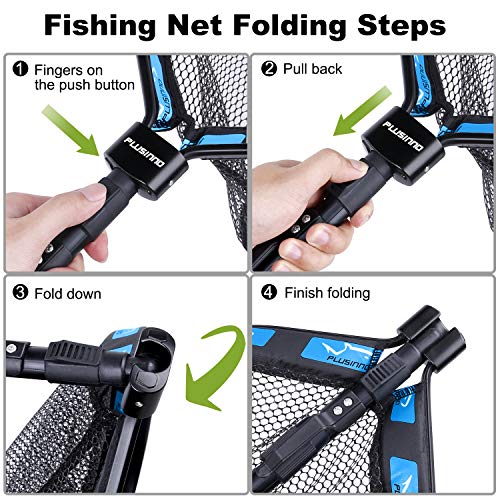 PLUSINNO Floating Fishing Net for Steelhead, Salmon, Fly, Kayak, Catfish, Bass, Trout Fishing, Rubber Coated Foldable Landing Net with Fixed or Telescoping Pole Handle, Fishing Gear and Gifts for Men - color: 19.7"/50cm Hoop Size length 1.35M Blue (Telesc