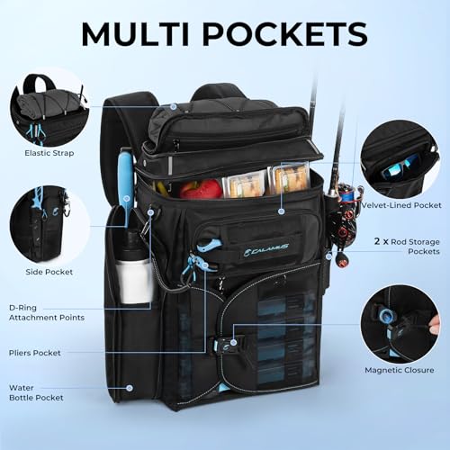 Calamus GearMaster Tackle Backpack with Bait Binder, Large Lightweight Water-Resistant Fishing Bag, Rod Holders, Food Storage - color: Black With (4) 3600 Tackle Boxes