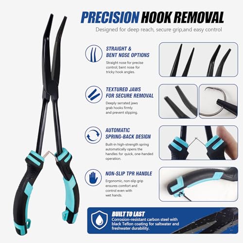 EUPHENG 11in Fishing Long Nose Pliers Carbon Steel Corrosion Resistant PTFE Coated Hook Remover Saltwater & Freshwater with Return Spring Needle Nose Pliers Straight & Bent Jaws for Bass Snook Trout - color: Orange（Straight Nose）