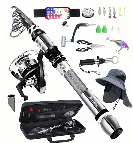 Portable Fishing Spinning Rod and Reel Combo Set Carbon Fiber Fluorescent Rod Tip, with Fishing Lures Line Carrier Bag Kits for Travel Surf Saltwater Freshwater - color: Sliver, size: 2.07M/81.8in/6.68ft