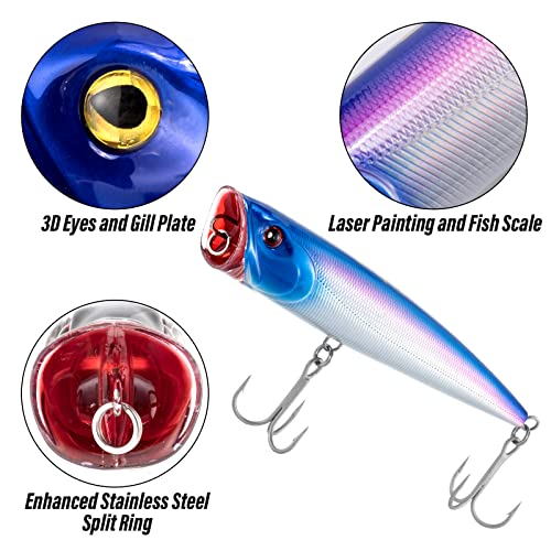 Dr.Fish Popper Saltwater Fishing Lures, 4/5.5 Inches GT Popper VMC Treble Hooks Surf Fishing Lures for Bass Striper Pike Salmon Offshore - color: Blue/Purple-1 Pack, size: 5.5"