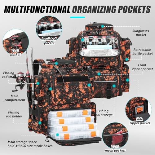 Tactical Fishing Tackle Backpack with Tackle Boxes, Rod Holders & Bottle Holder, 50 L Large Fishing Tackle Box Backpack with Cooler, Fishing Bag with Trays Store Gear & Equipment, Mars CM - color: Mars CM