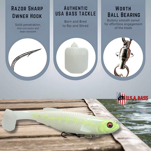 USA Bass Tackle Magnum Swimbait - Paddle Tail Swimbaits Pre Rigged Fishing Lures Premium Lure with Strong Owner Hook, Magdraft Style Bait for Giant Freshwater Predator Fish - color: Bone Glow