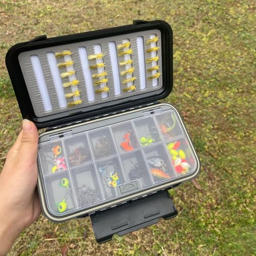 Aventik 12-Compartment Waterproof Fly Fishing Box with Swing Leaf Design Floating Tackle Organizer(H025A 7.71"x 4.18" x 1.66" 19.6X10.6X4.2cm Slit Foam with pane) - size: H025A :7.71"x 4.18" x 1.66"
