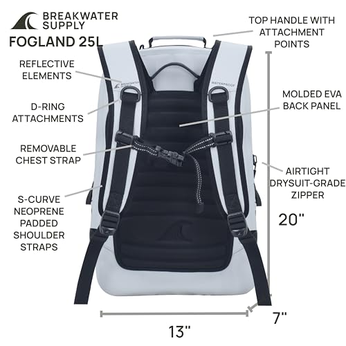Breakwater Supply™ Fogland Waterproof IP68 Submersible Backpack | Laptop Sleeve & Airtight Zippers for Outdoors, Travel, Boating, Kayaking, Surfing, Floating Dry Bag, Unisex, TPU (Fog White, 25L) - color: Fog White, size: 25L