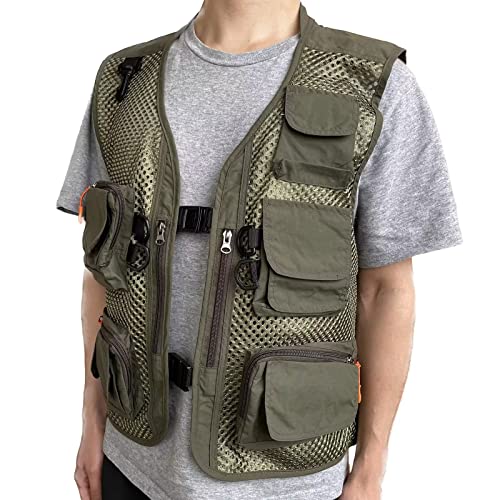 Men Mesh Breathable Multi-Pocket Vest Outdoor Travelers Fly Fishing Photography - color: Green, size: Large