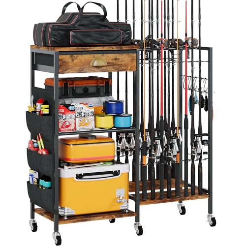 Homeiju Fishing Rod Holder, Fishing Pole Holders for Garage Boat Fishing Gear Storage with Drawer and Wheels, Holds 16 fishing rods for Home Entryway Corner,Rustic Brown