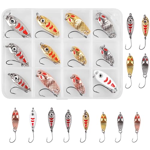 Trout Spoons Fishing Spoons Lures Kit,12pcs Trout Lures Single Hook Hard Metal Baits Mini Fishing Jigs Casting Trolling Spoon Lure for Crappie Char Perch Sunfish Trout - color: Type A