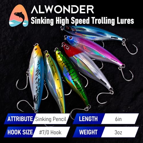 Alwonder High Speed Trolling Lures Saltwater Fishing Lures 6"/3oz Sinking Twitch Bait 7/0 Hook Deep Diving Jerkbait Fishing Plug Offshore Lure for Tuna Striper Mackerel - color: Pink & Purple