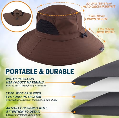 Wide Brim Sun Bucket Hat, Waterproof Boonie Hat for Men & Women | UPF 50+ UV Protection, Adjustable Fit, Chin Strap & Sweatband, Foldable Durable for Fishing Hiking Garden Beach - color: 01 Brown