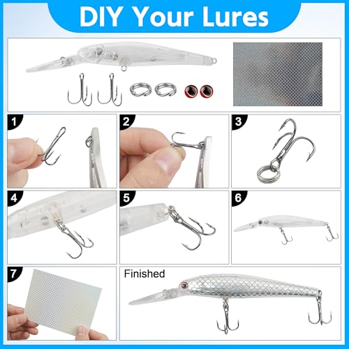 Unpainted Fishing Lures DIY Minnow Kit - 280/363pcs Blank Hard Crankbait Set Pliers Scissors,Treble Hooks,Split Rings,Stickers,3D Eyes for Making Lures DIY Fishing Tackle Kit - color: 280pcs kit