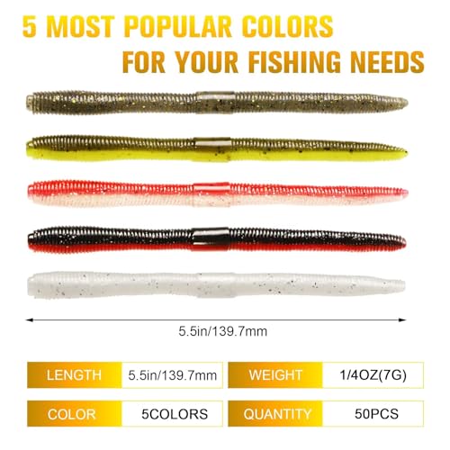 Dovesun Wacky Worm for Bass Trout Fishing Worms Kit with Soft Plastic Baits, Weedless Hooks, Bass Hooks,Weedless Jig Head, Wacky Rig Tool, O-Rings, Weight 152Pcs/131Pcs/50Pcs - color: A-50PCS Wacky Worms Kit