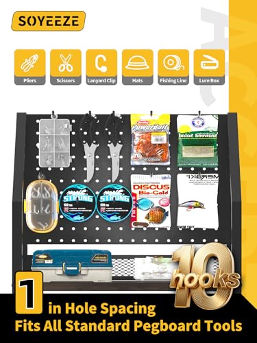SOYEEZE Fishing Rod Holders for Garage with Pegboard and Lockable Wheels, 3-Tier Fishing Pole Rack with 10 Hooks, Fishing Gear Tackle Box Organizer Up to 12 Rods, Rolling Fishing Storage Cart - color: Black-3-Sided, size: 3-Sided 10 hooks