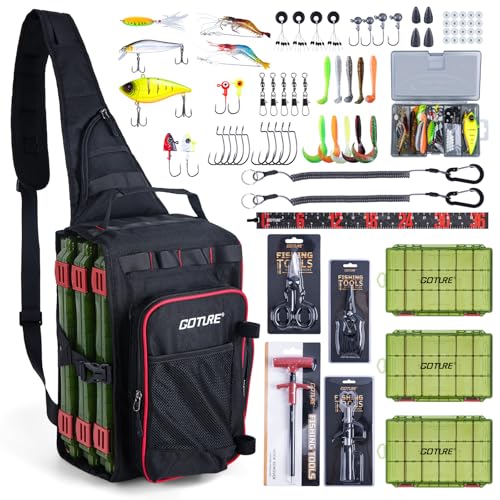 Goture OpenSide Fishing Sling Tackle Storage Bag with 3 Tackle Boxes and Fishing Tools, Lightweight Fishing Backpack Storage for Fishing Gear - Black Bag for Fishing, Gift for Men - color: Black, size: Small bag with 3600 trays, style: Bag + Fishing Boxes