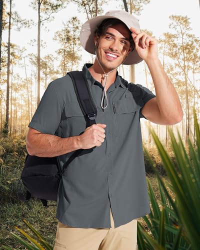 MAGCOMSEN Men's Fishing Shirts UPF 50+ Short Sleeve Sun Protection Shirts Quick Dry Cooling Button Down Shirt Hiking Safari - color: Dark Grey, size: Large